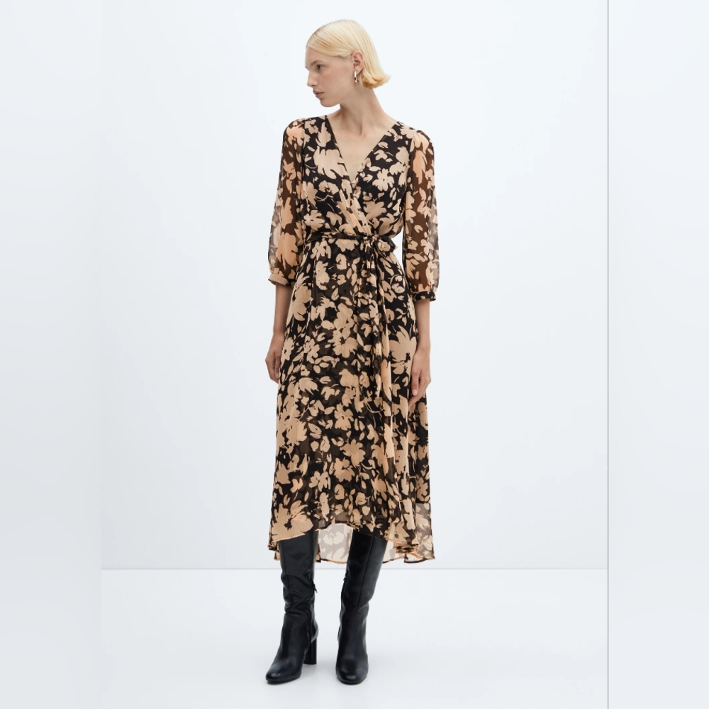 Mango Flowy Floral Midi Vneck Wrap Dress in Black+ Cream, Sz 4, NwoT, 3/4 Sleeve